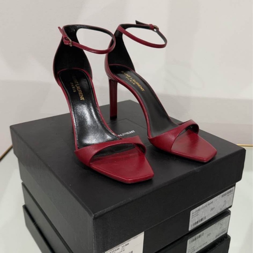 Saint Laurent Red Stiletto Heels with Ankle Strap